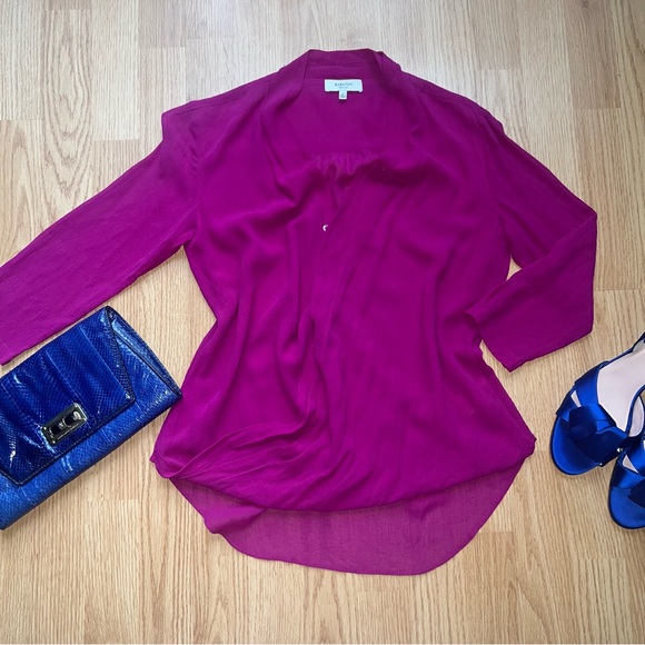 Babaton “Beau” draped pure silk blouse in magenta/raspberry - Picture 3 of 6
